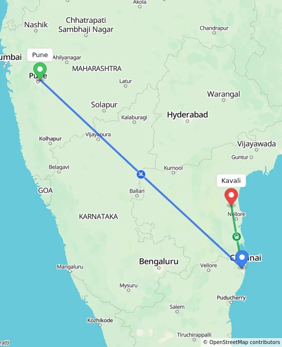 Route map showing distance and travel time from Pune, India to Kavali, India