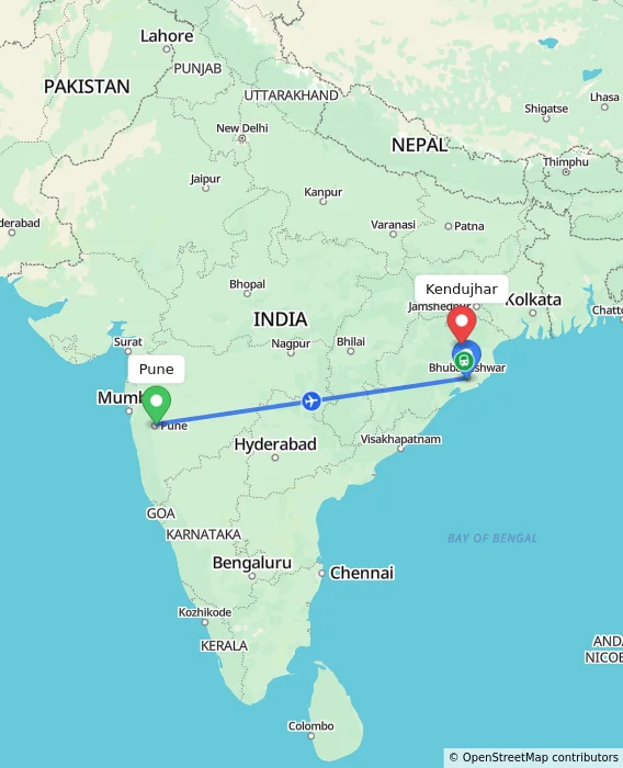 Route map showing distance and travel time from Pune, India to Kendujhar, India