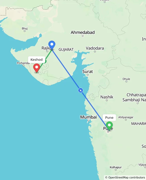 Route map showing distance and travel time from Pune, India to Keshod, India