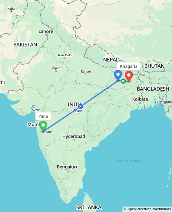 Route map showing distance and travel time from Pune, India to Khagaria, India