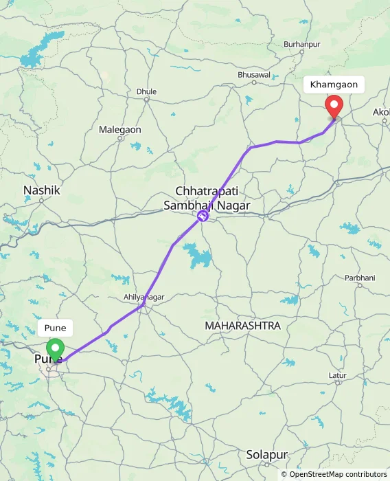 Route map showing distance and travel time from Pune, India to Khamgaon, India