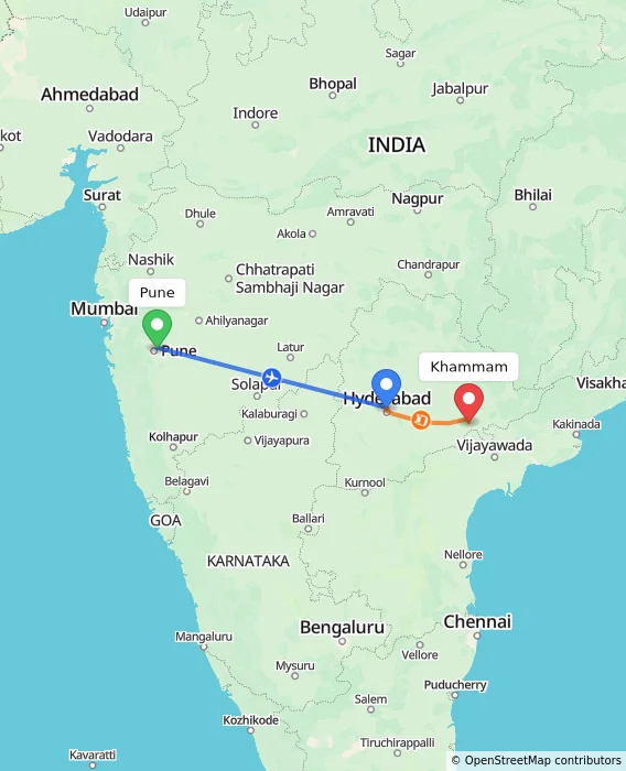 Route map showing distance and travel time from Pune, India to Khammam, India