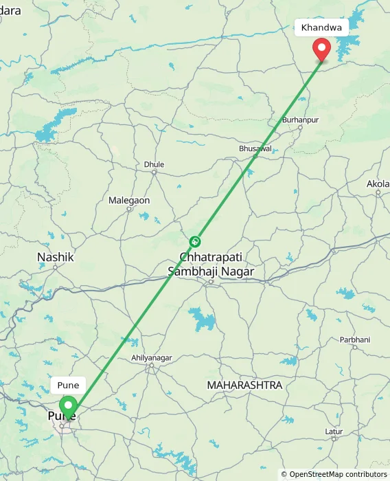 Route map showing distance and travel time from Pune, India to Khandwa, India