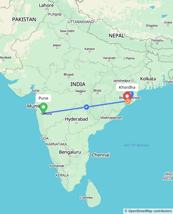 Route map showing distance and travel time from Pune, India to Khordha, India