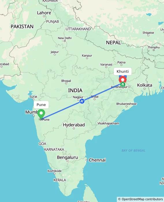 Route map showing distance and travel time from Pune, India to Khunti, India