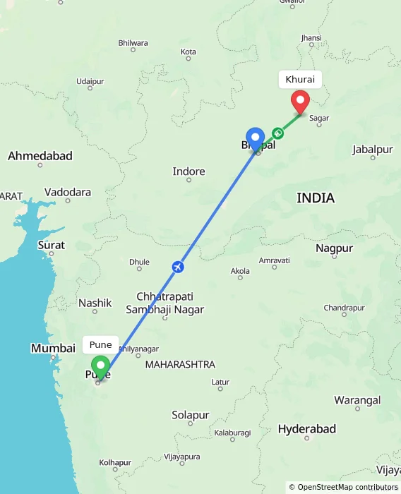 Route map showing distance and travel time from Pune, India to Khurai, India