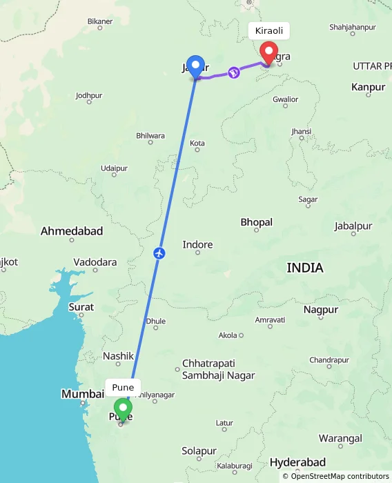 Route map showing distance and travel time from Pune, India to Kiraoli, India