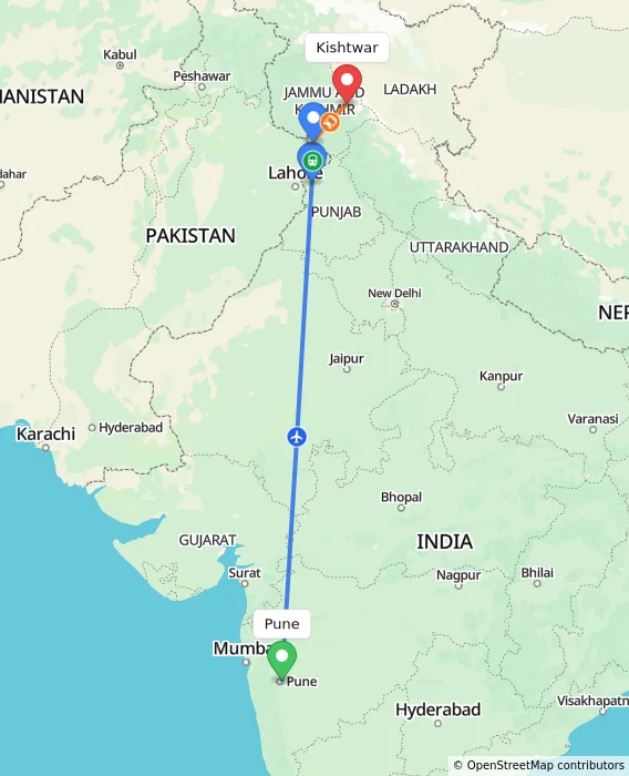 Route map showing distance and travel time from Pune, India to Kishtwar, India