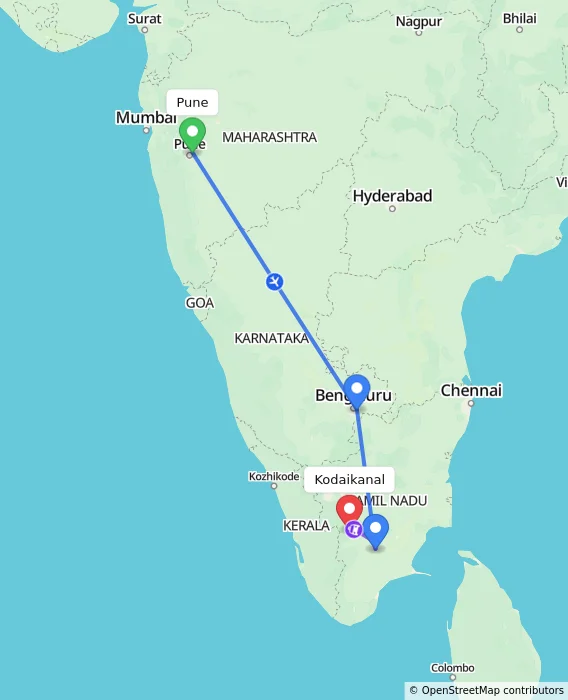 Route map showing distance and travel time from Pune, India to Kodaikanal, India