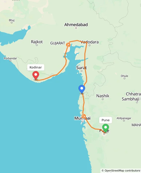 Route map showing distance and travel time from Pune, India to Kodinar, India