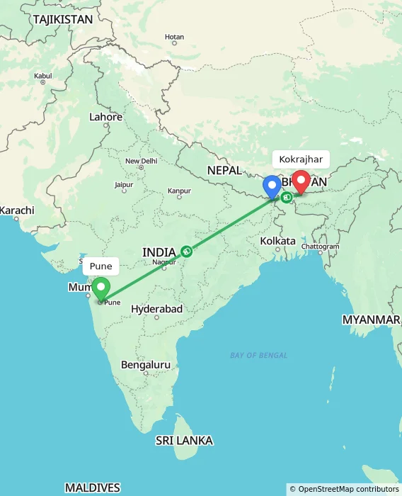 Route map showing distance and travel time from Pune, India to Kokrajhar, India