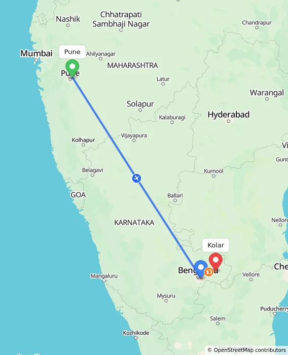 Route map showing distance and travel time from Pune, India to Kolar, India