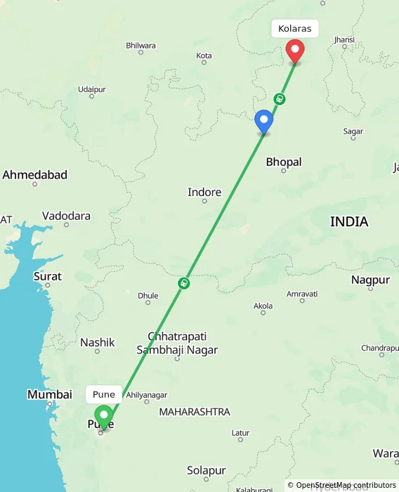 Route map showing distance and travel time from Pune, India to Kolaras, India