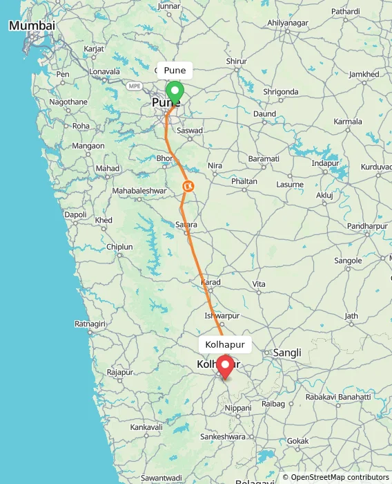 Route map showing distance and travel time from Pune, India to Kolhapur, India