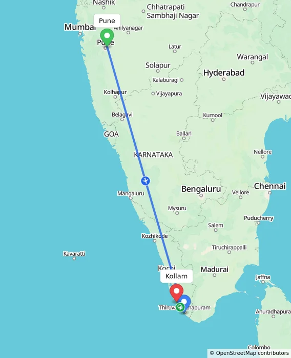 Route map showing distance and travel time from Pune, India to Kollam, India
