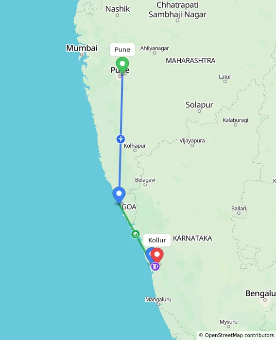 Route map showing distance and travel time from Pune, India to Kollur, India