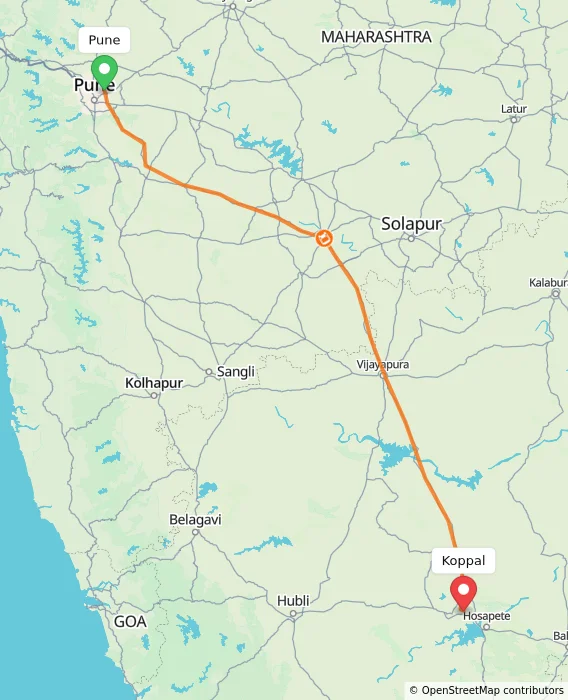 Route map showing distance and travel time from Pune, India to Koppal, India