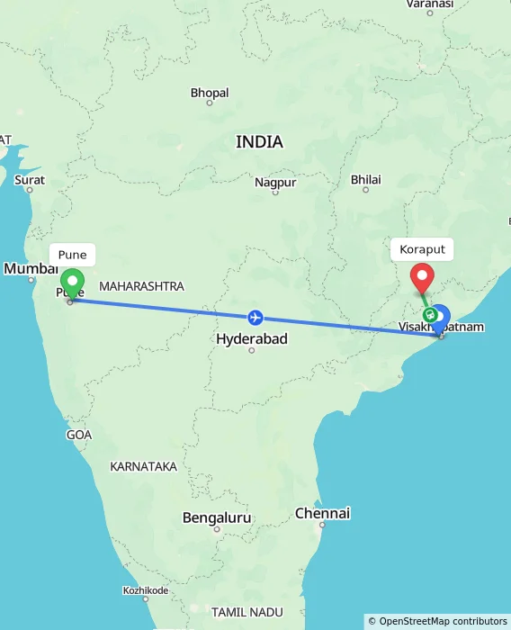 Route map showing distance and travel time from Pune, India to Koraput, India