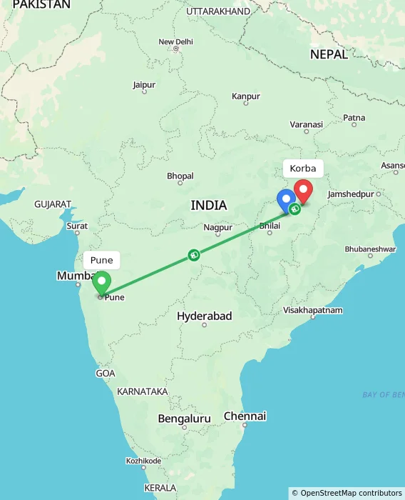 Route map showing distance and travel time from Pune, India to Korba, India