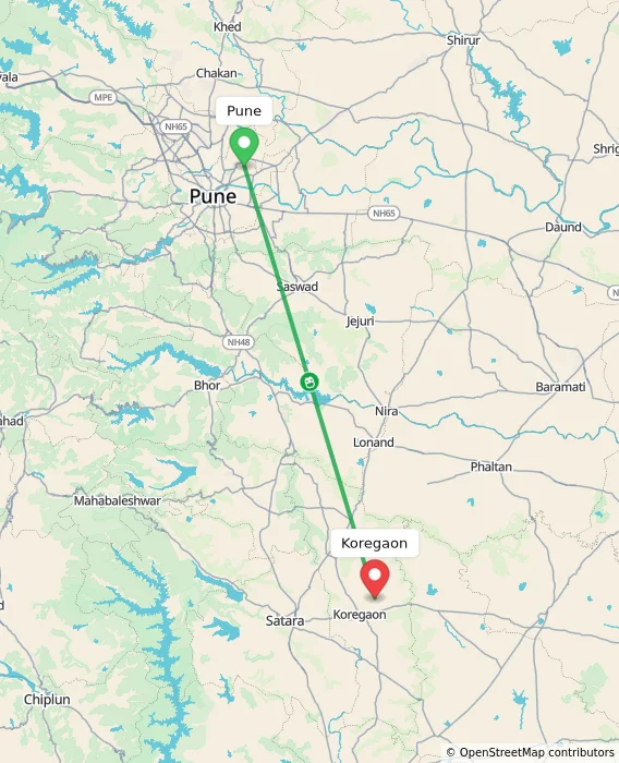 Route map showing distance and travel time from Pune, India to Koregaon, India