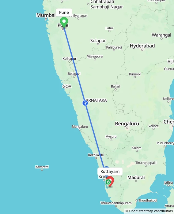Route map showing distance and travel time from Pune, India to Kottayam, India