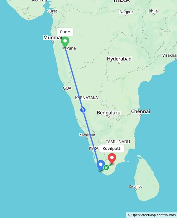 Route map showing distance and travel time from Pune, India to Kovilpatti, India