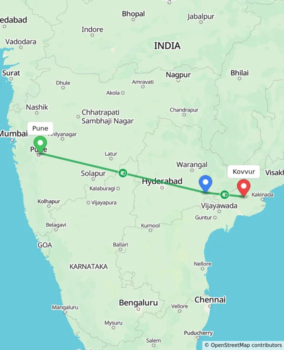 Route map showing distance and travel time from Pune, India to Kovvur, India