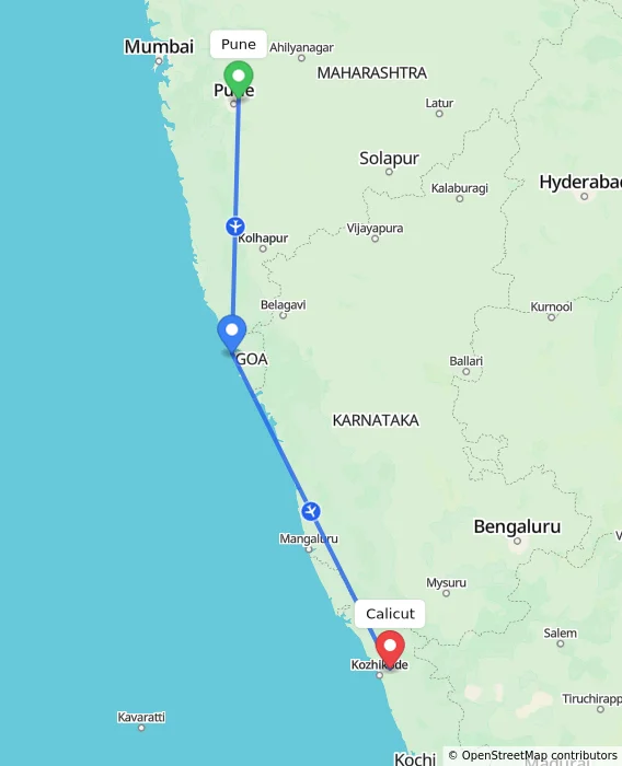 Route map showing distance and travel time from Pune, India to Kozhikode, India
