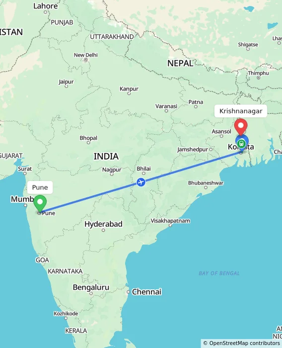 Route map showing distance and travel time from Pune, India to Krishnanagar, India