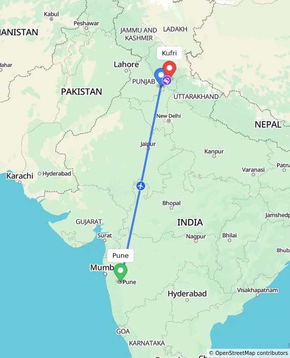 Route map showing distance and travel time from Pune, India to Kufri, India