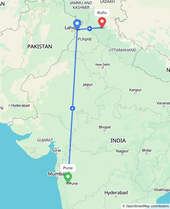 Route map showing distance and travel time from Pune, India to Kullu, India