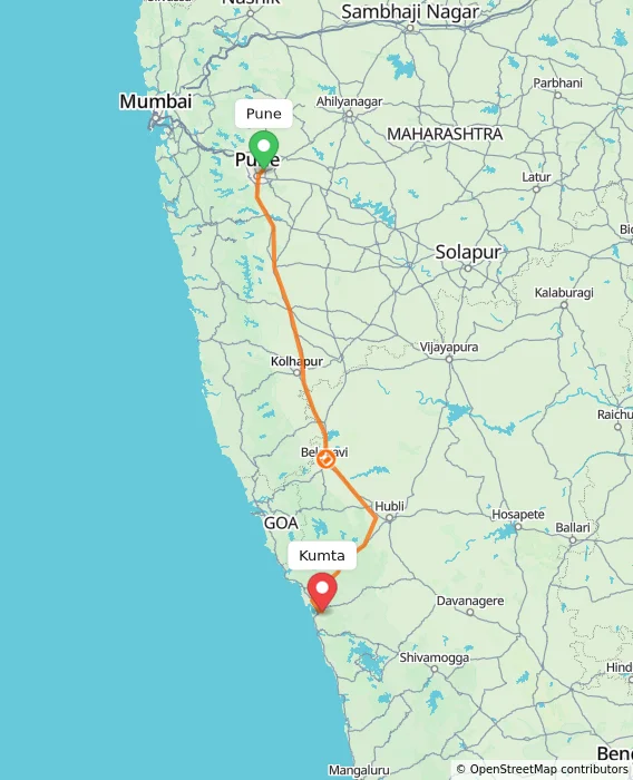 Route map showing distance and travel time from Pune, India to Kumta, India