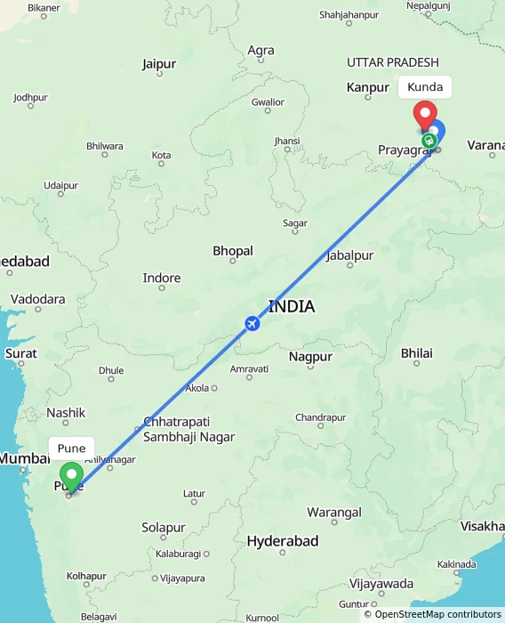 Route map showing distance and travel time from Pune, India to Kunda, India