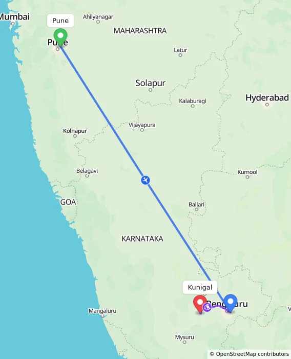 Route map showing distance and travel time from Pune, India to Kunigal, India