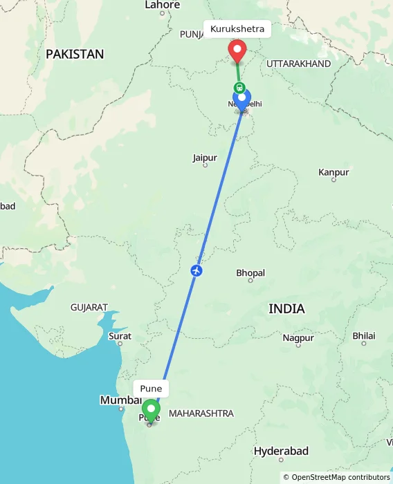 Route map showing distance and travel time from Pune, India to Kurukshetra, India