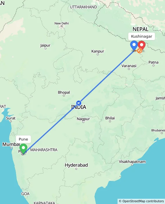 Route map showing distance and travel time from Pune, India to Kushinagar, India