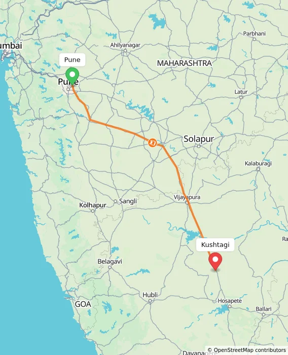 Route map showing distance and travel time from Pune, India to Kushtagi, India
