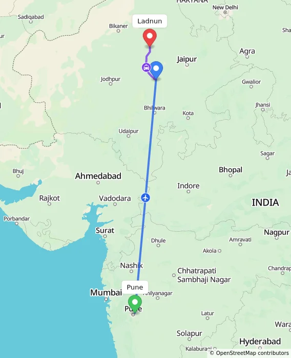 Route map showing distance and travel time from Pune, India to Ladnun, India