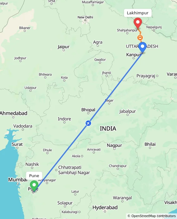Route map showing distance and travel time from Pune, India to Lakhimpur, India