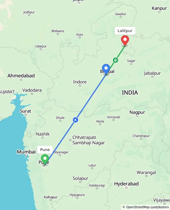 Route map showing distance and travel time from Pune, India to Lalitpur, India