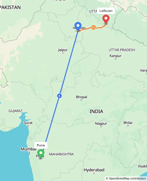 Route map showing distance and travel time from Pune, India to Lalkuan, India