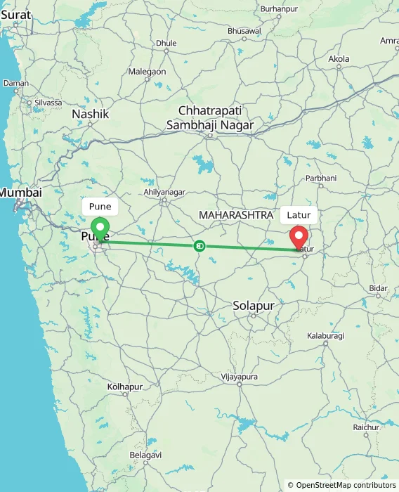 Route map showing distance and travel time from Pune, India to Latur, India