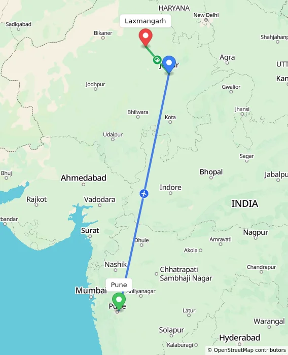 Route map showing distance and travel time from Pune, India to Laxmangarh, India