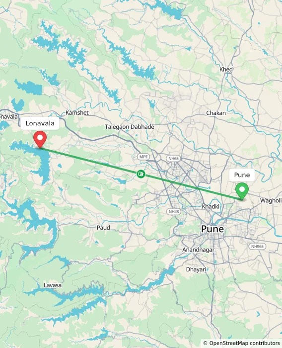 Route map showing distance and travel time from Pune, India to Lonavala, India