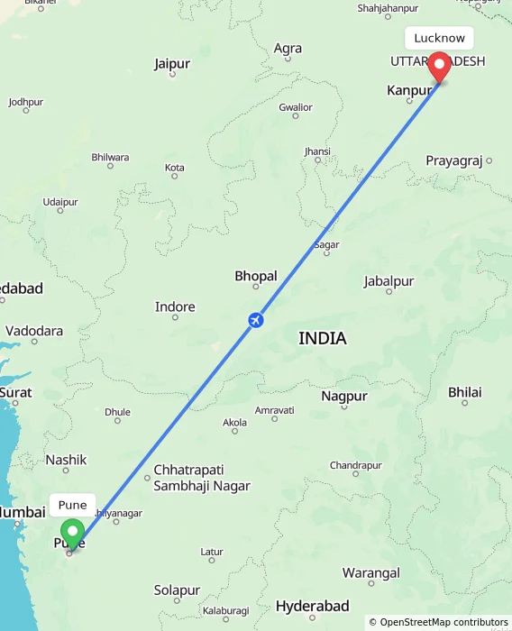 Route map showing distance and travel time from Pune, India to Lucknow, India