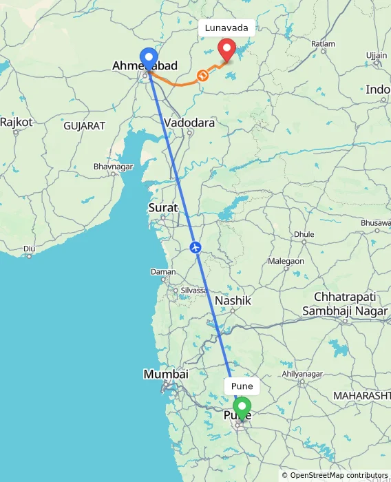 Route map showing distance and travel time from Pune, India to Lunavada, India
