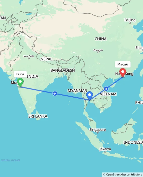 Route map showing distance and travel time from Pune, India to Macau, Macau (Special Administrative Region of China)
