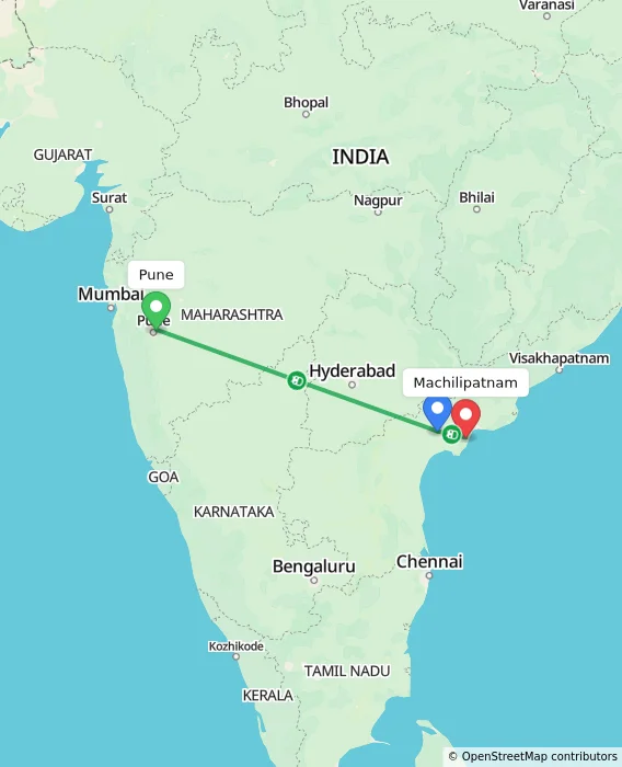 Route map showing distance and travel time from Pune, India to Machilipatnam, India