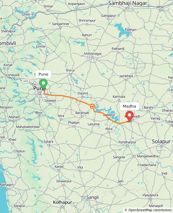 Route map showing distance and travel time from Pune, India to Madha, India