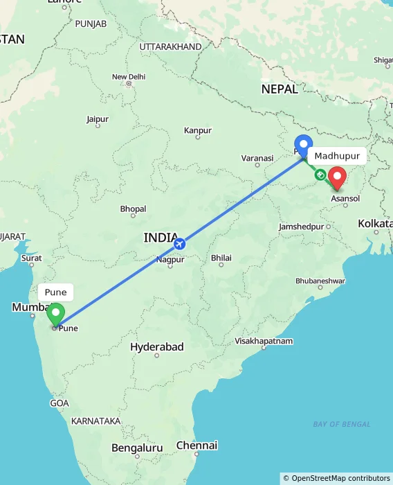 Route map showing distance and travel time from Pune, India to Madhupur, India